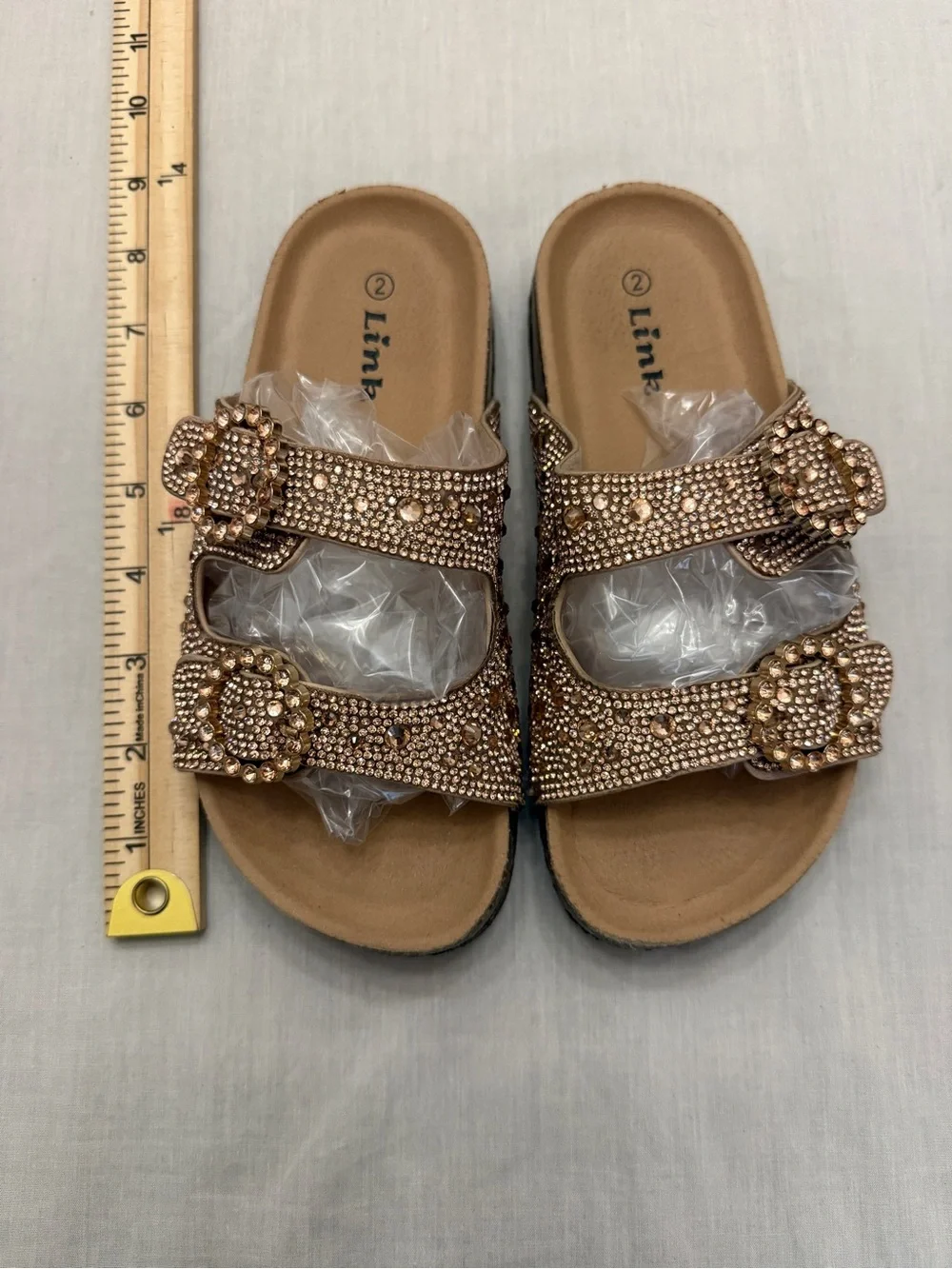 Girls Link Rose Gold Jeweled Double-Buckle Slide Sandals